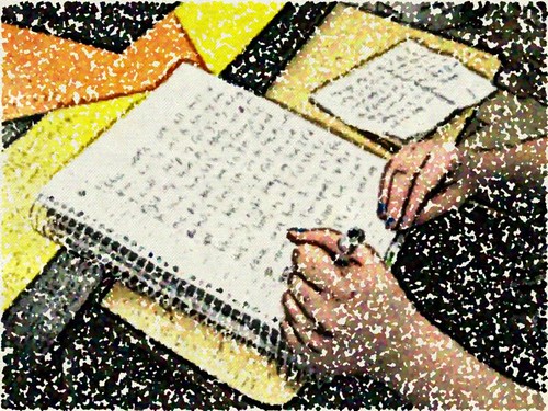 Person writing in a notebook. Image has a comic book filter.