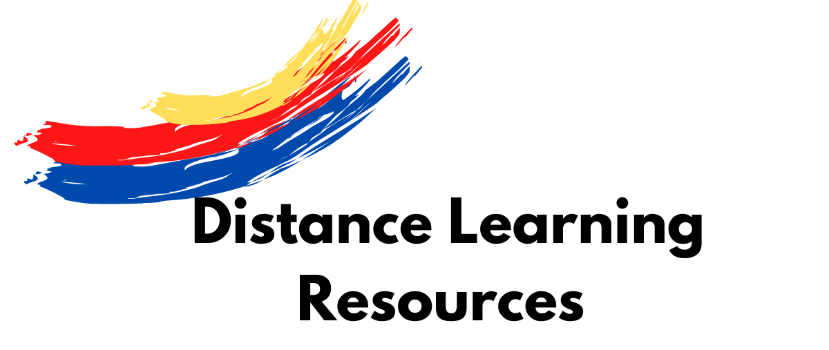 Black Text Reading Distance Learning Resources with yellow, red and blue paintbrush stripe