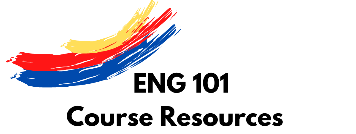 Black Text Reading ENG 101 Course Resources with yellow, red, and blue paintbrush stripe