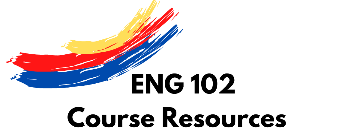 Black Text Reading ENG 102 Course Resources with yellow, red, and blue paintbrush stripe