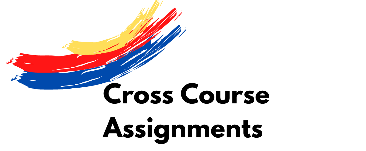 Black text reading Cross Course Assignments with yellow, red, and blue paintbrush swish