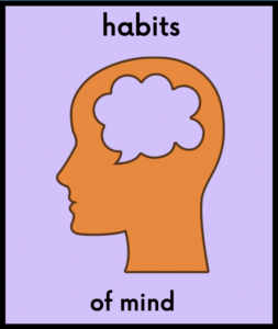 Purple Box with brown image of a person's head. Text reads habits of mind.