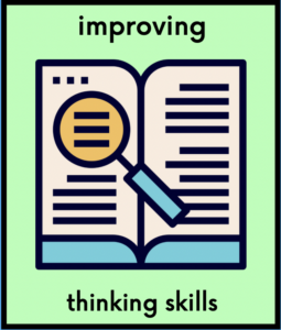 Text reads improving thinking skills on a green background with the image of an open book with a magnifying glass