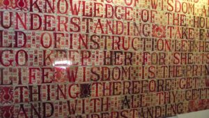 Wall mural with red and white letters