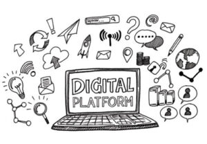 Black and white illustration of a laptop computer with the text Digital Platform on screen and images of platforms surrounding screen
