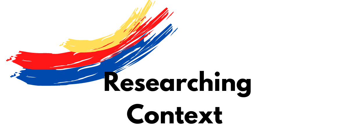 Black text reading Researching Context with yellow, red, and blue paintbrush stripe