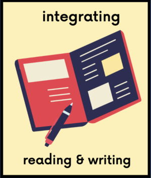 Text reads integrating reading and writing on a yellow background with the image of a book and a pen