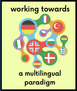 Text Working Towards a Multilingual Paradigm on Lime Green Background with image of world flags
